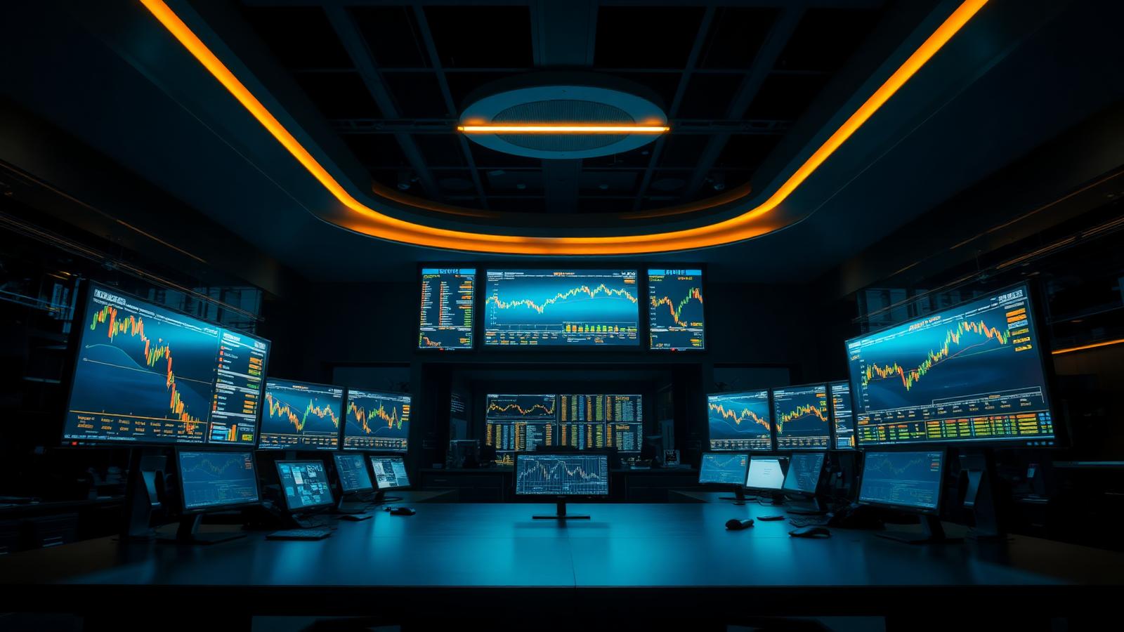 Global banking operations desk with live market charts